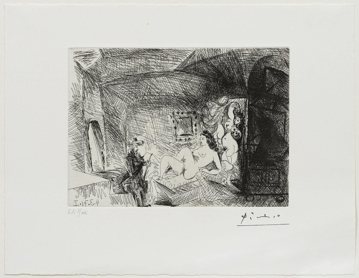 Pintor, modelo y lienzo en una habitación abovedada del siglo XVII