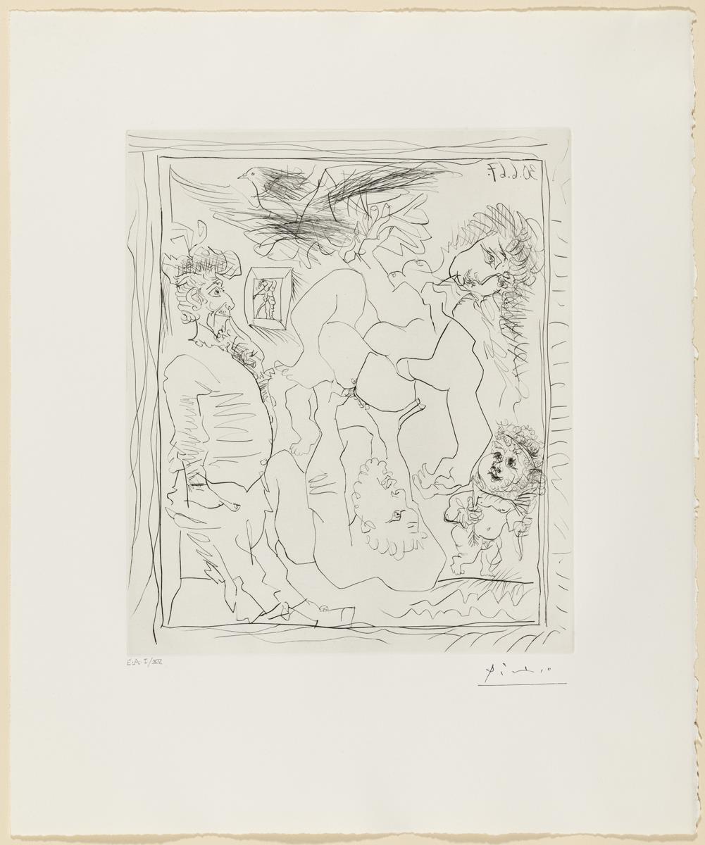 Vell davant d'una tela que representa unes acrobàcies amoroses