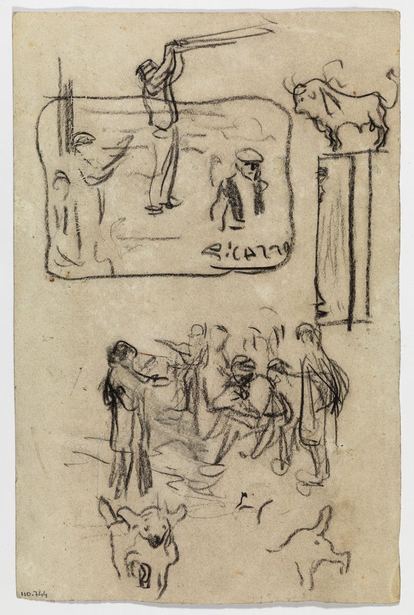 Banderillero, toro, grupo de hombres y perros