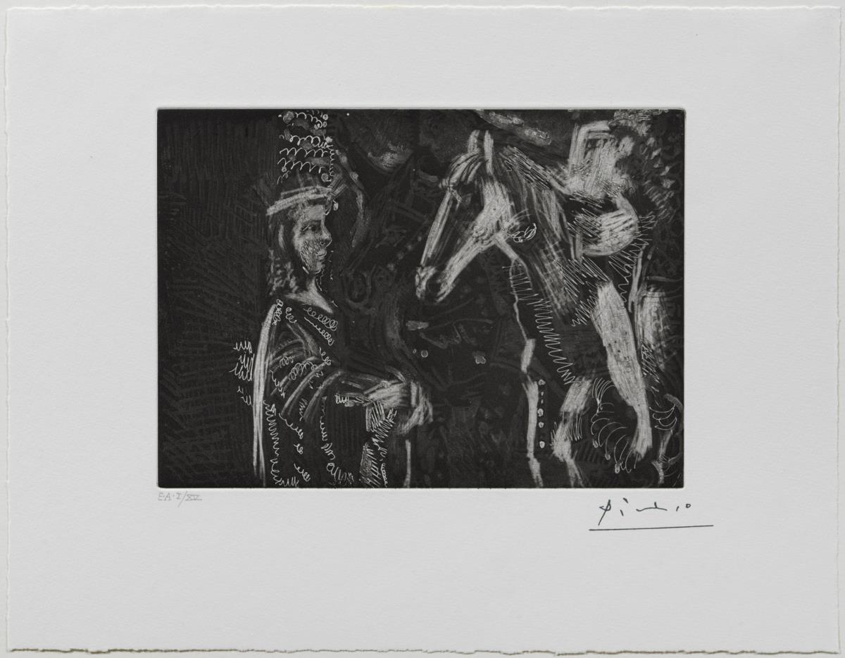 Old Man, and Woman Leaning on the Neck of her Horse