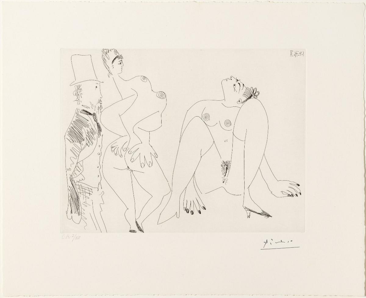 Degas, amb les mans a l'esquena, i dues prostitutes
