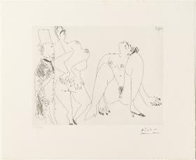 Degas, con las manos en la espalda, y dos prostitutas