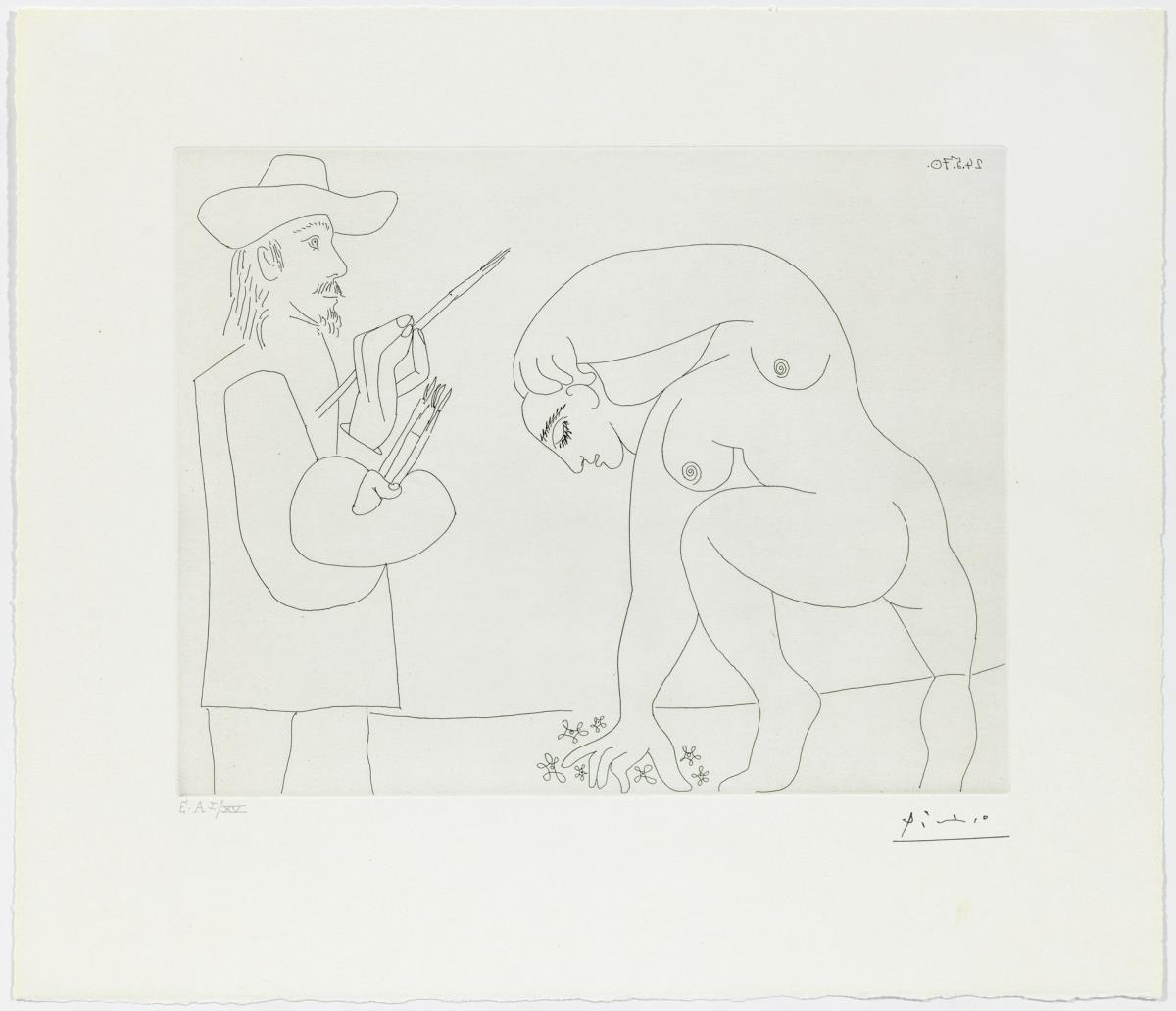 Pintor y mujer cogiendo flores