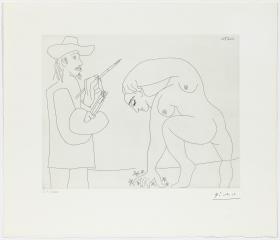 Pintor y mujer cogiendo flores