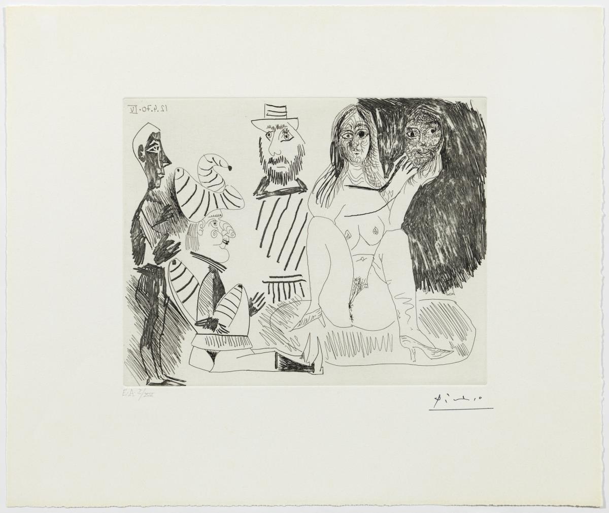 Nude Woman Holding a Masculine Mask, Pulcinella, Young Man and Self-portrait Wearing a Boater