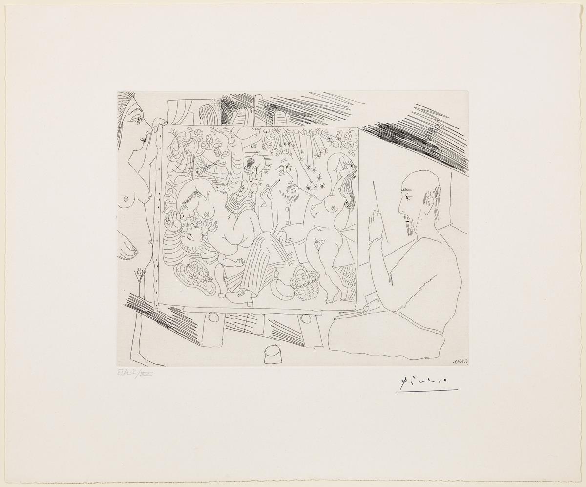 Legless Painter in His Atelier, Painting "Le déjeuner sur l'herbe", with a Model