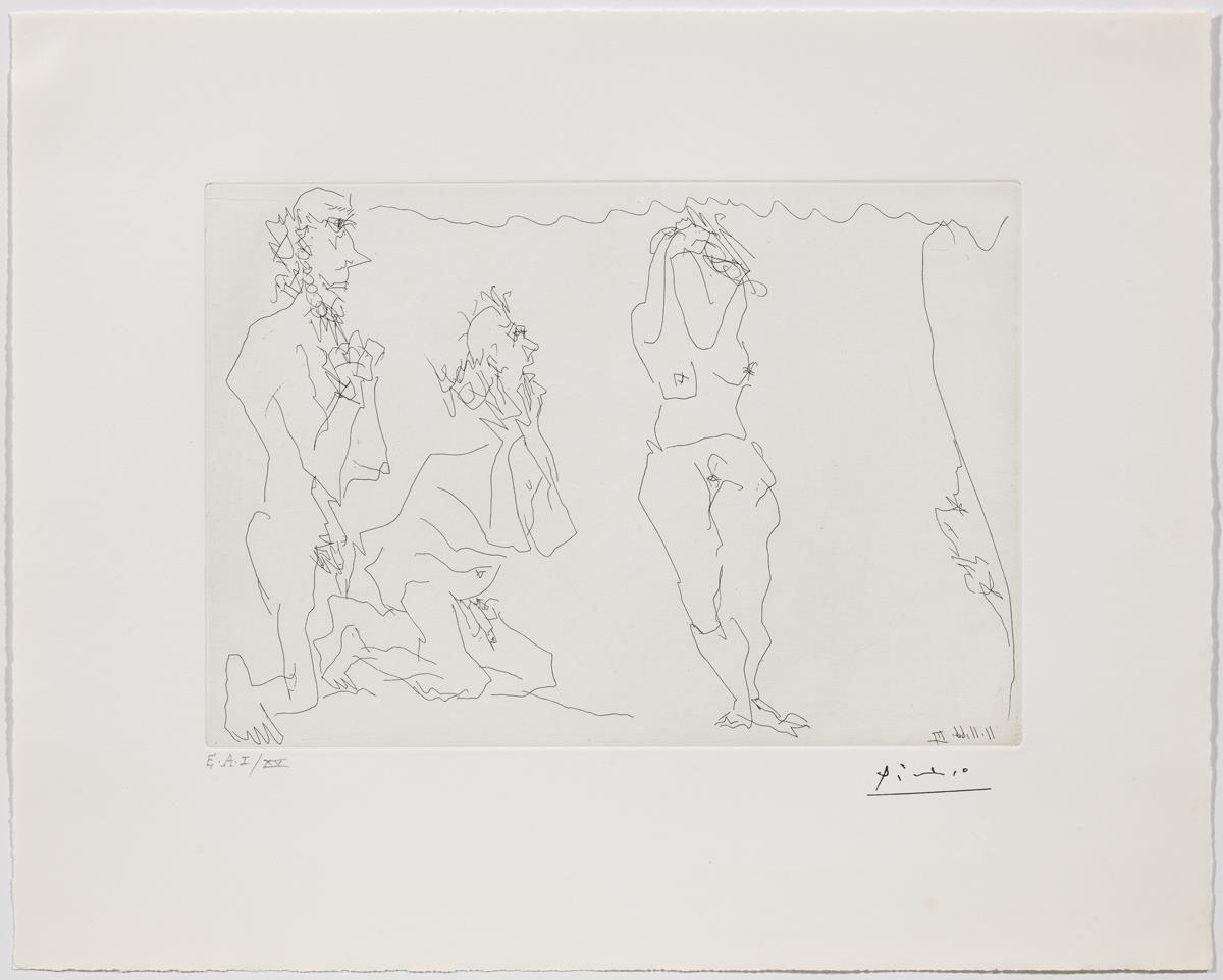Naked Woman Adored by Two Old Men, with a Spectator