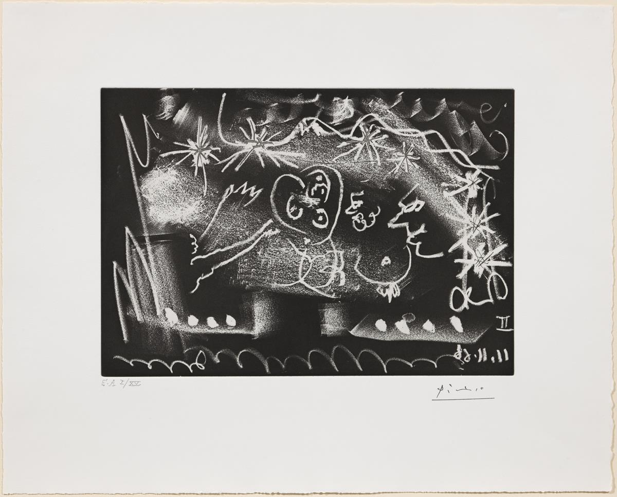 Con luz de candilejas: mujer desnuda rodeada por tres hombres