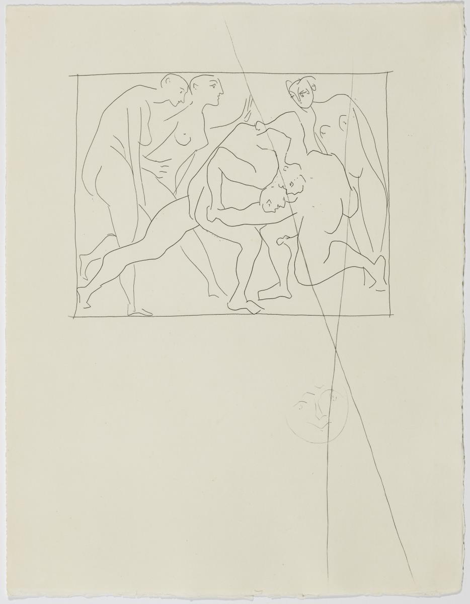 Two Wrestlers Observed by Three Nude Women