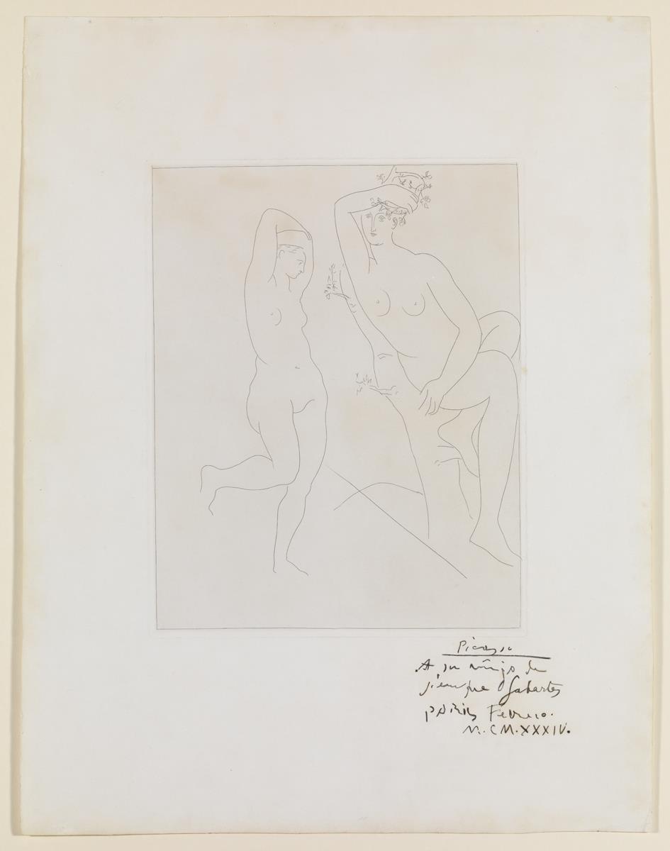 Two Nude Women, One Seated on a Tree