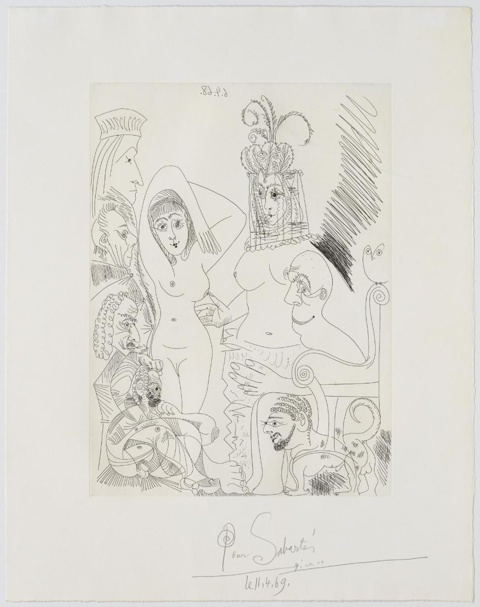 Home barbut imaginant-se una escena de "Les mil i una nits", amb avantpassats reprovadors darrere seu