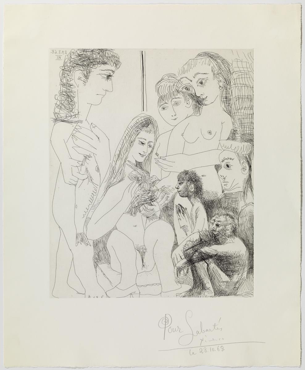 Viejo pensando en la pintura antigua: Virgen y pájaro con san Juan infante, personaje con pescado y chicas