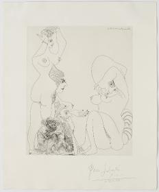 Old Man with Magician Conjuring Up Three Odalisques