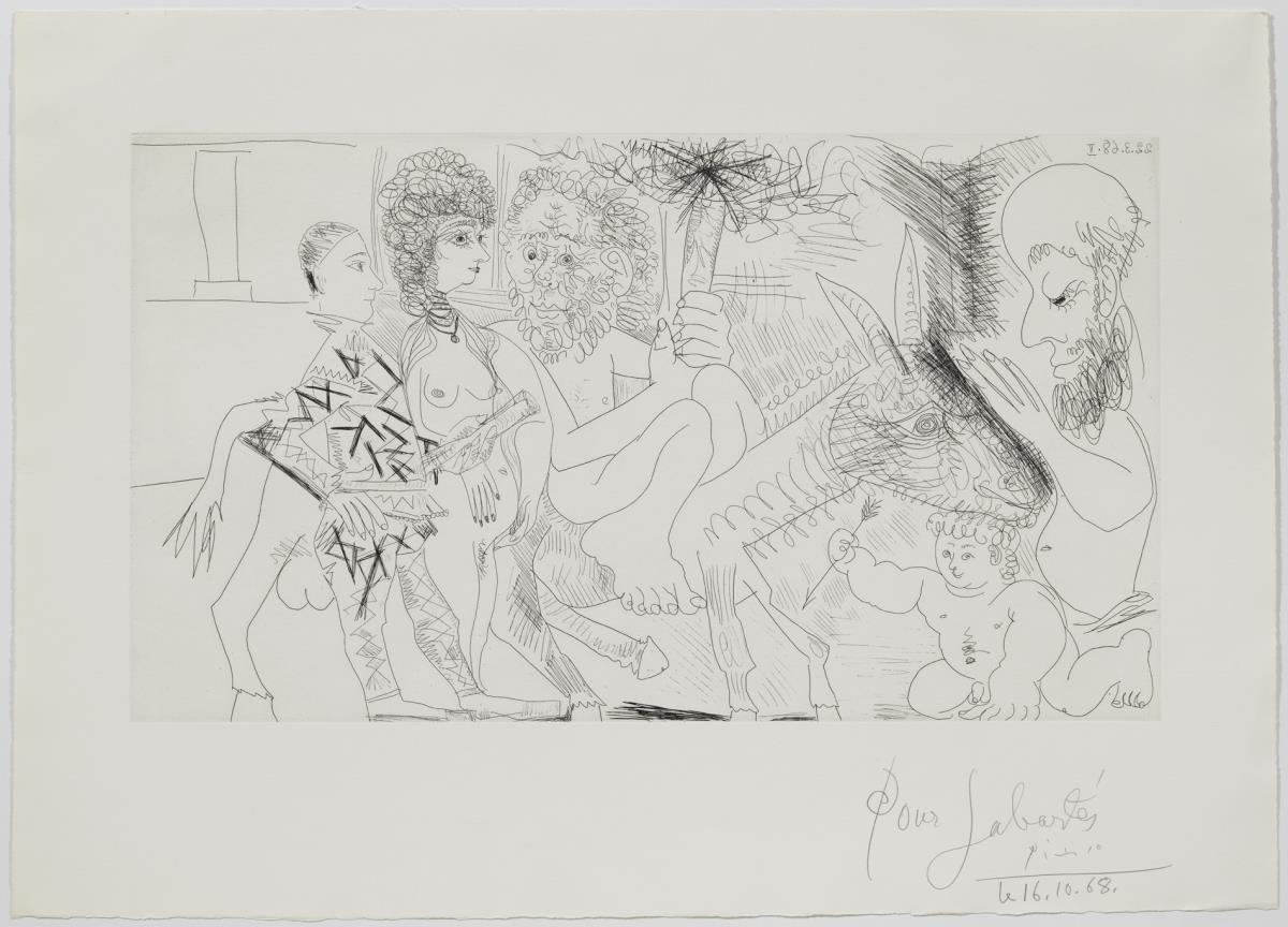 Group with Old Man with a Torch on a Donkey in Love, Woman and Harlequin