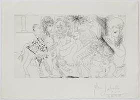 Group with Old Man with a Torch on a Donkey in Heat, Woman and Harlequin