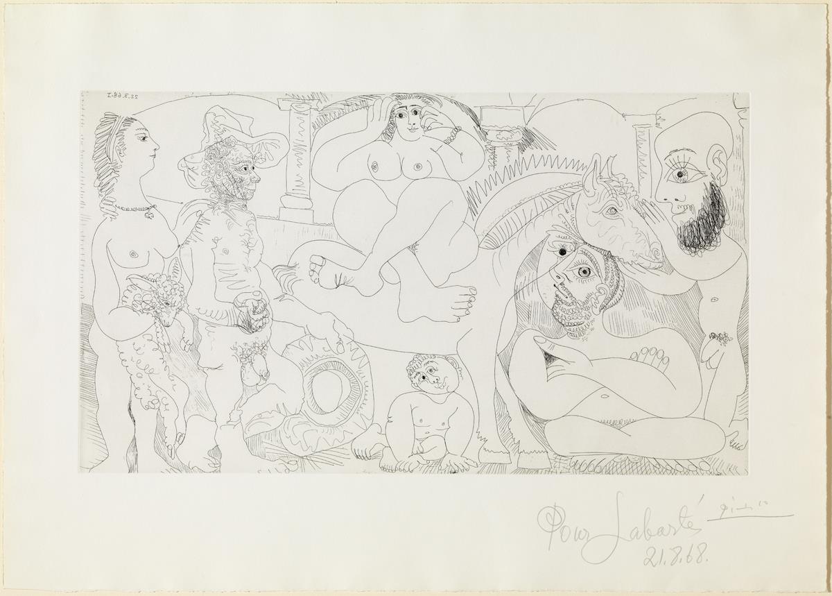 Group with Woman Holding a Lamb, Horsewoman Odalisque and Self-Portrait as a Car Mechanic