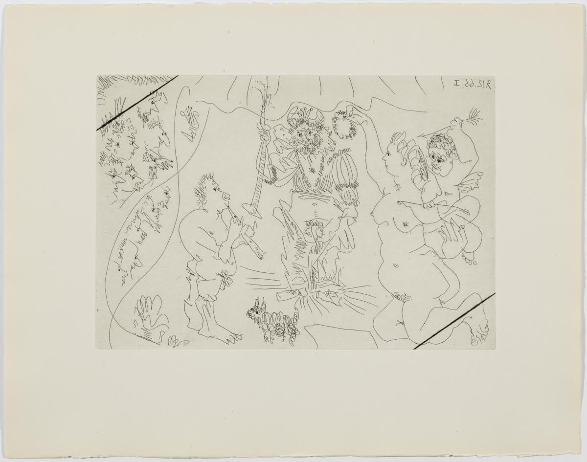 At the Theatre: the Cuckold Crowned by Venus, with Cupid, Flautist and Small Dog