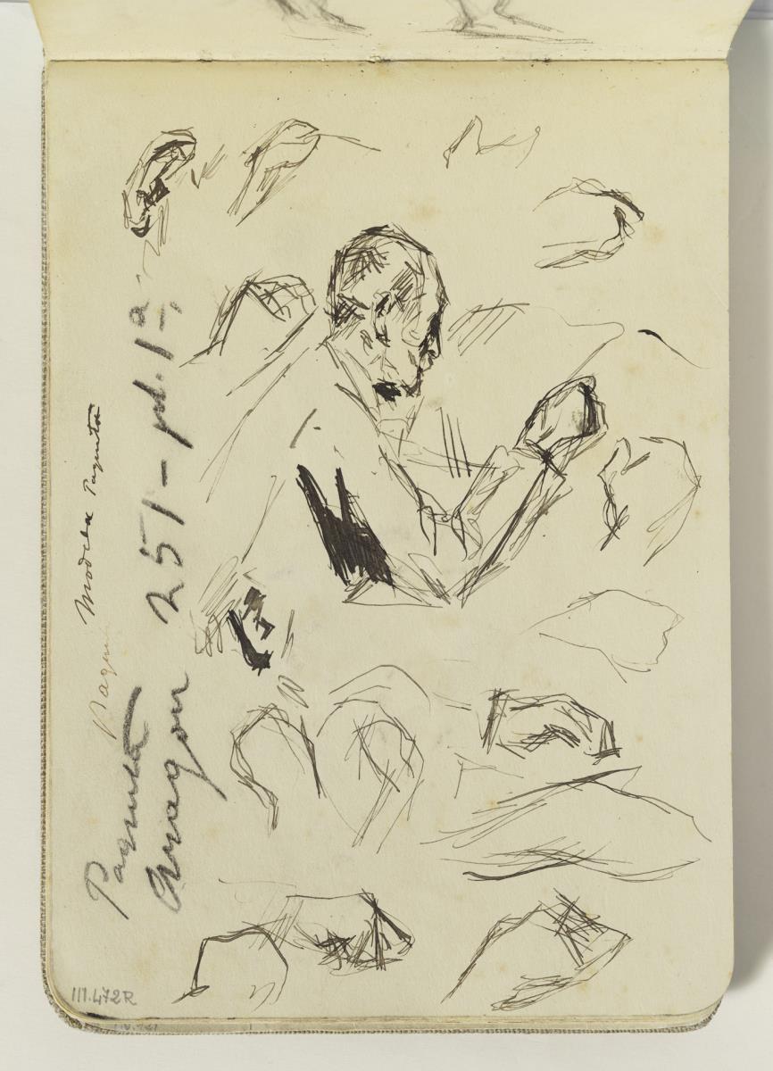 El pare de l'artista, estudi de mans i anotacions manuscrites