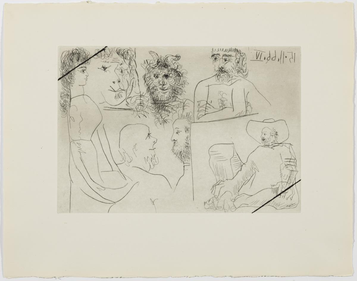 Woman, Faun, and Bearded Men, Looking at Paintings