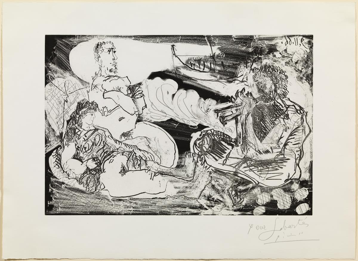 Tocador de aulos y pareja junto al mar