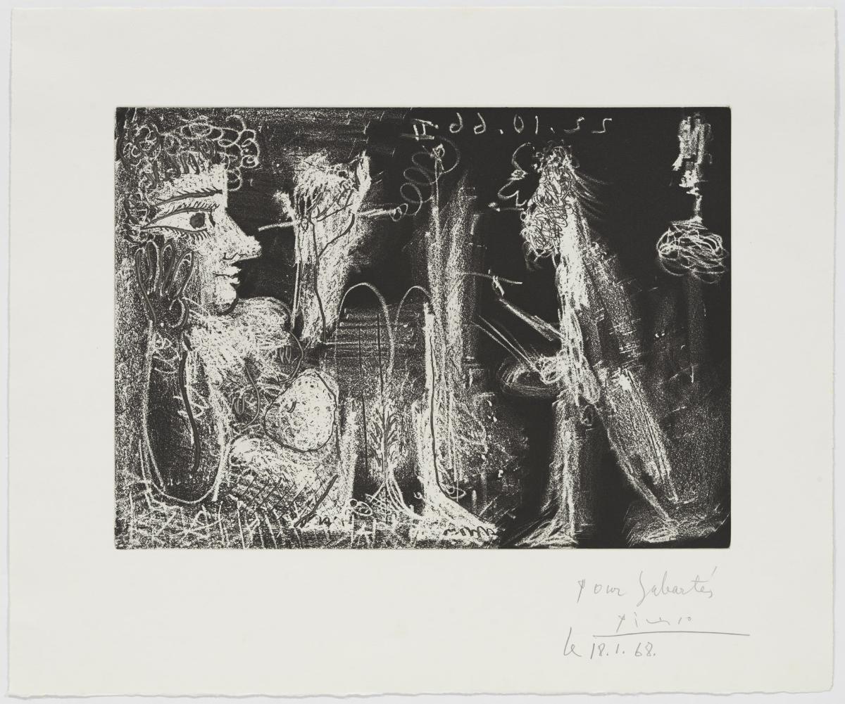 Pintor y modelo con boquilla de cigarrillo