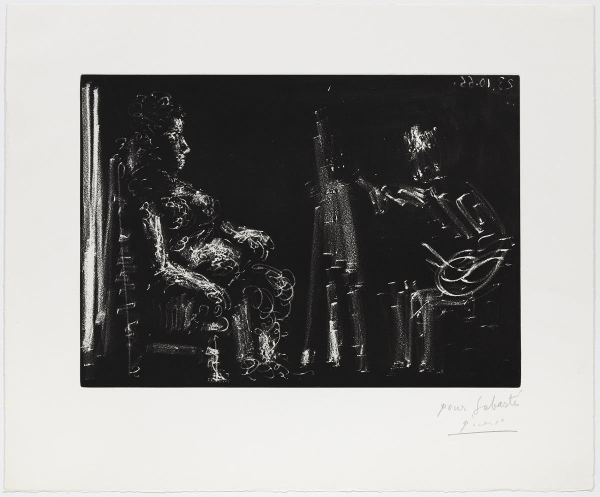 Pintor y modelo sentada en una butaca