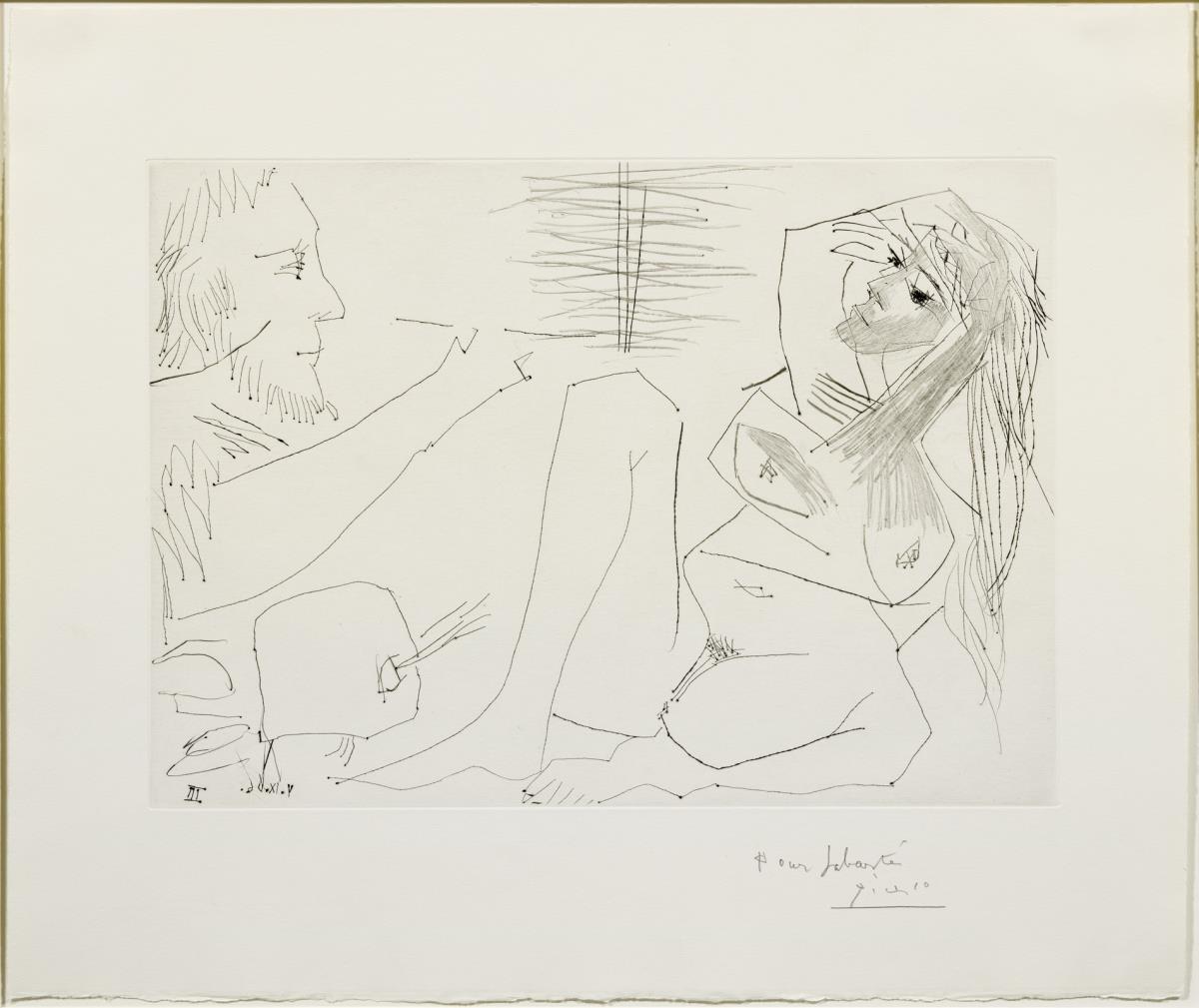 Model amb les mans plegades sobre el cap, i pintor