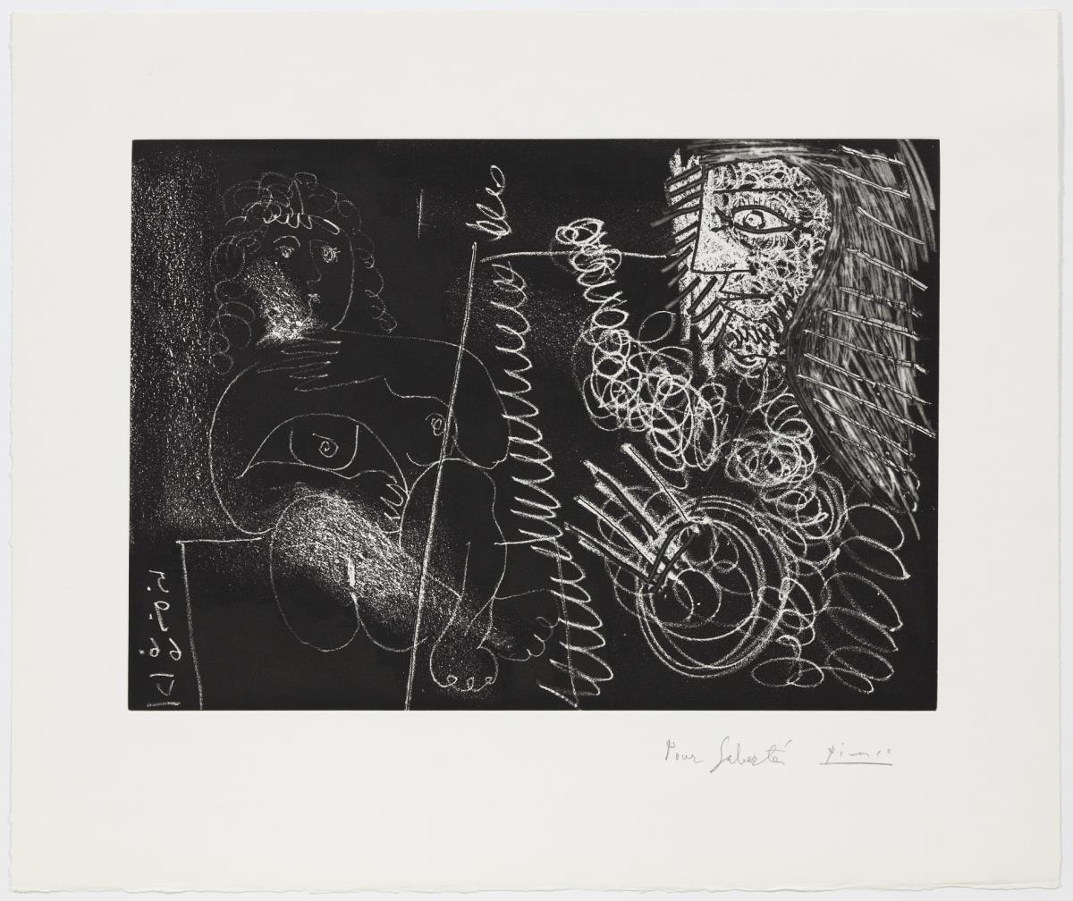 Pintor de mig cos i model asseguda a tall de moro