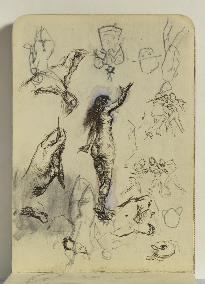 Estudio de mujer desnuda, manos y caricaturas