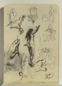 Estudio de mujer desnuda, manos y caricaturas