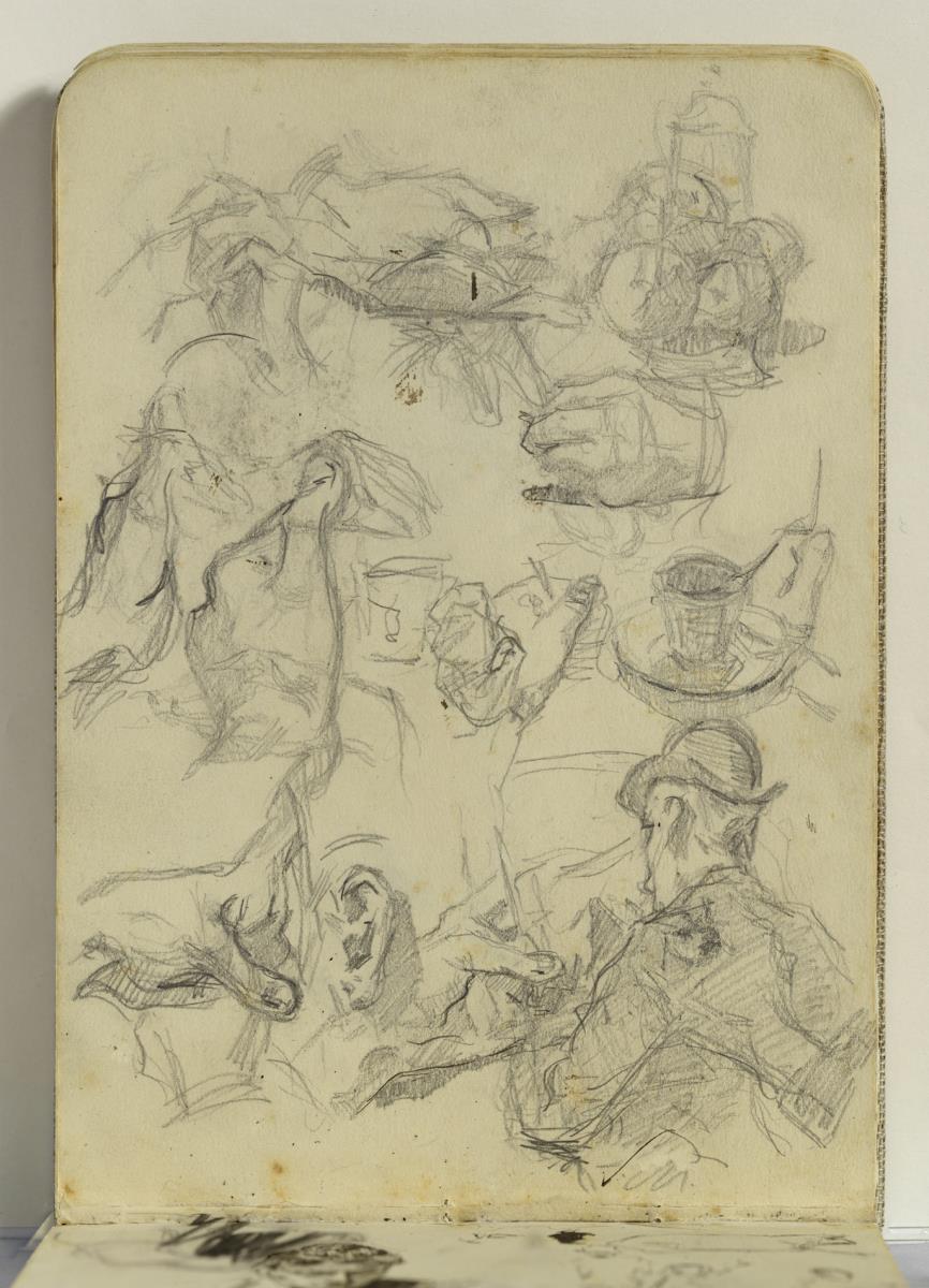 Man Reading and Study of Hands and an Ear
