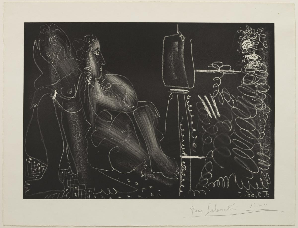 Pintor delante de su caballete, con dos mujeres desnudas