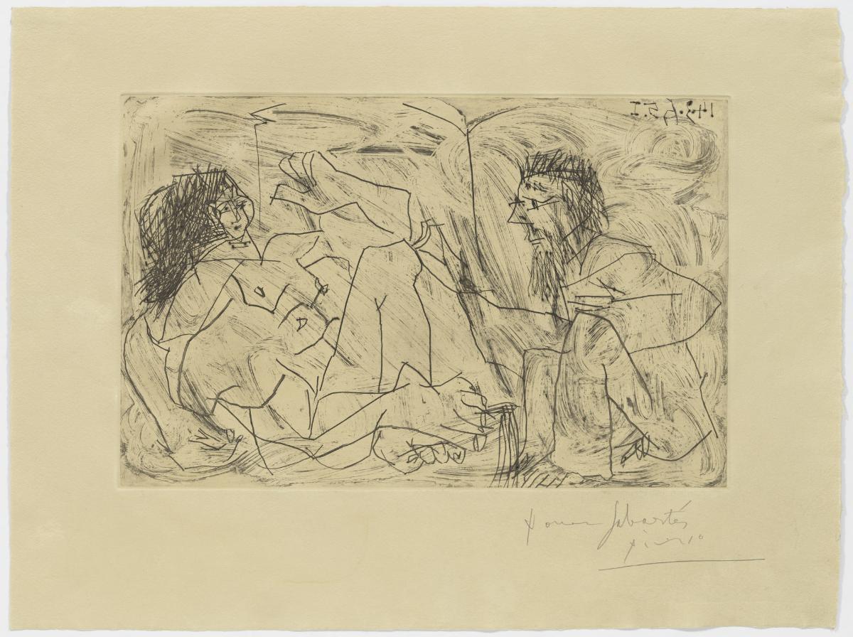 Hombre barbudo con una mujer desnuda