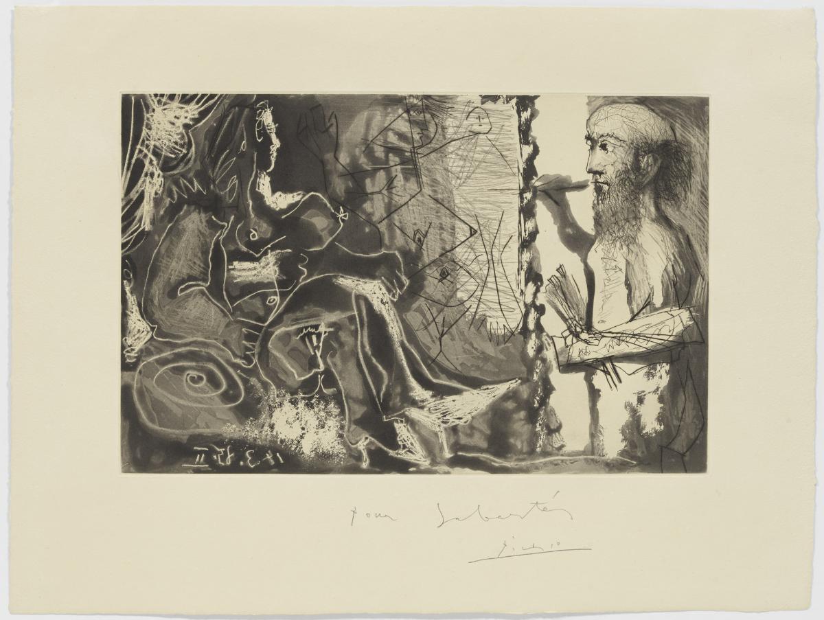 Pintor con la modelo observando su retrato