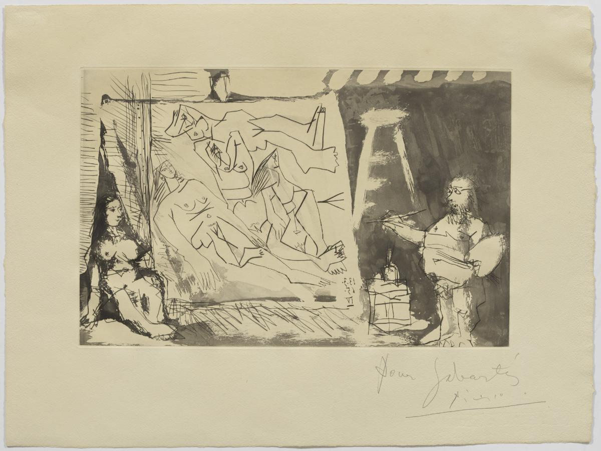 Pintor davant la tela amb una model asseguda