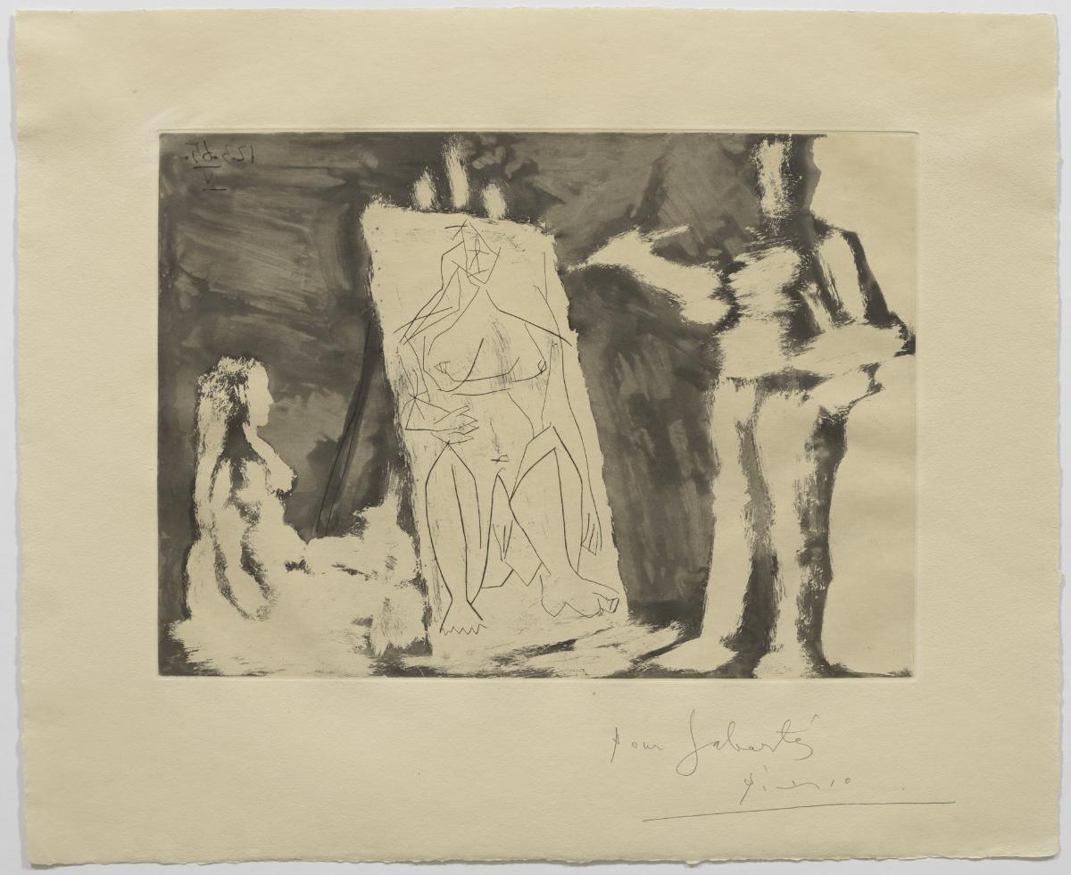 Pintor davant la tela amb una model