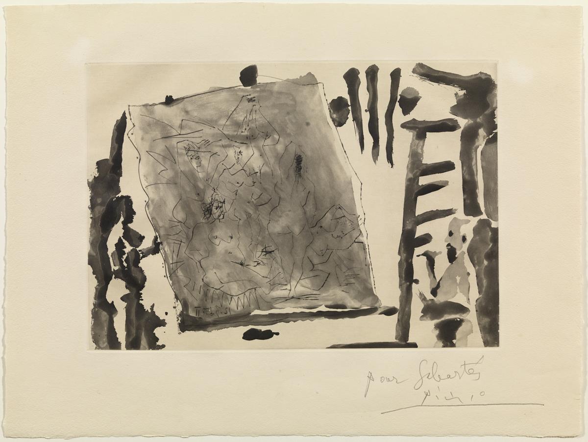 Pintor i model al costat d'una gran tela