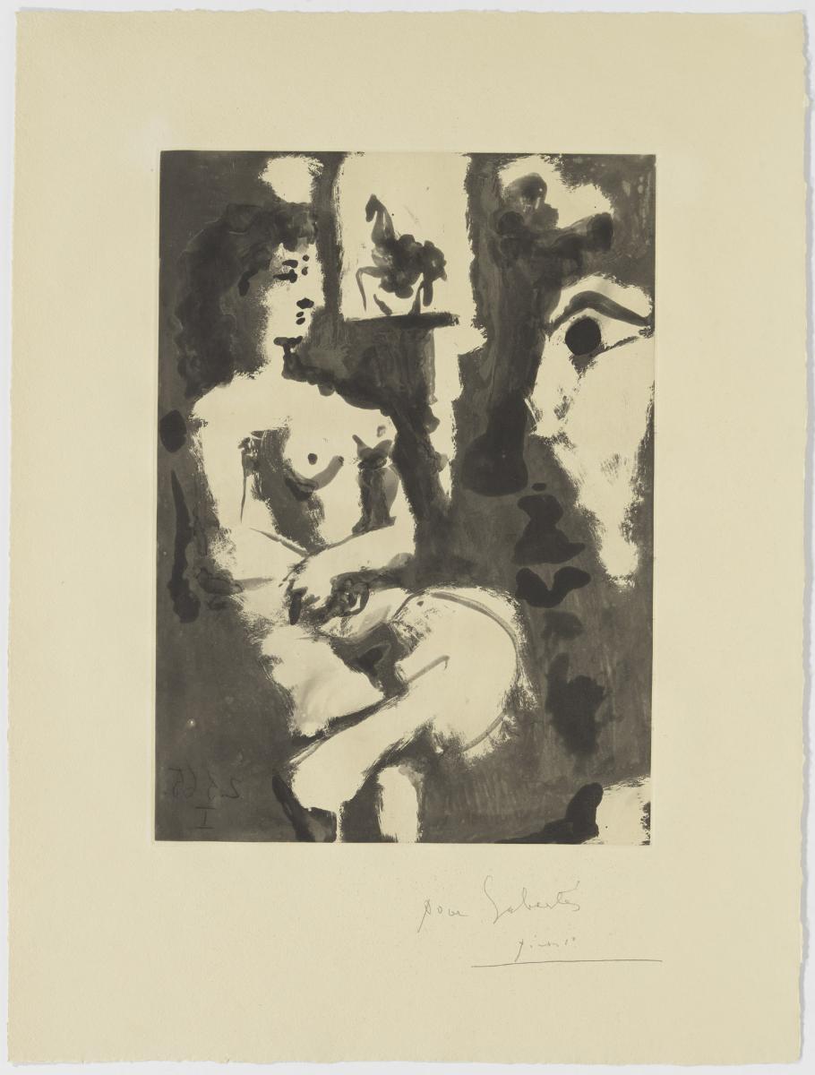 Model Resting with an Equestrian Statue in the Background