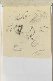 Cabeza de mujer, gallina y estudio de manos