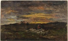 Posta de sol i ramat d'ovelles