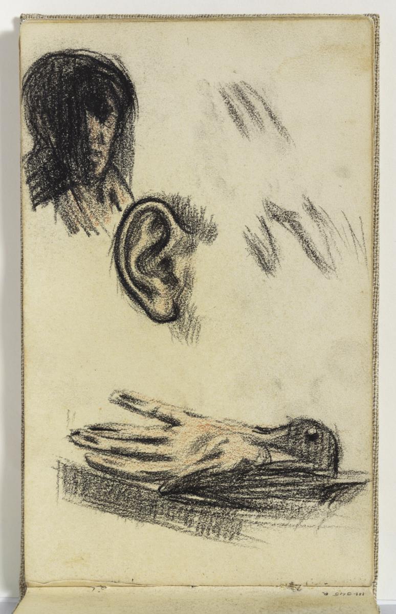 Autoretrat, estudi d'orella i mans