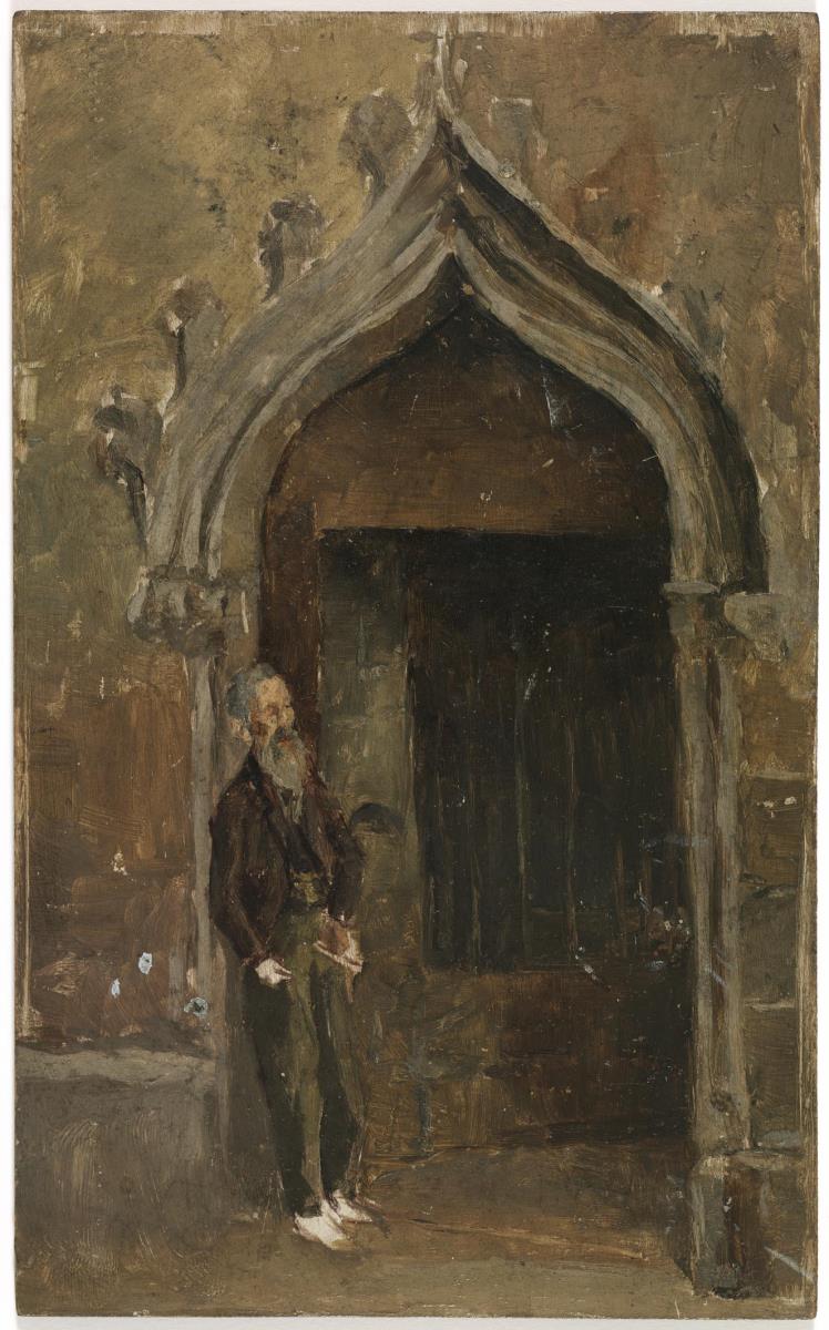Home recolzat en un portal gòtic de la catedral de Barcelona
