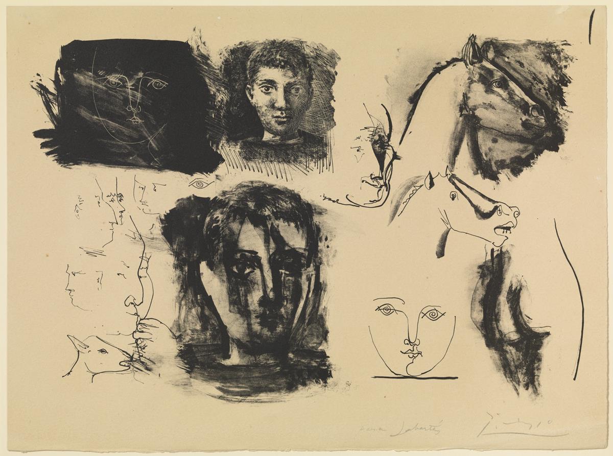 Hoja con apuntes (cabezas de niños y de caballos)