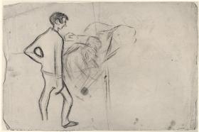 Hombre de espaldas y croquis inacabados