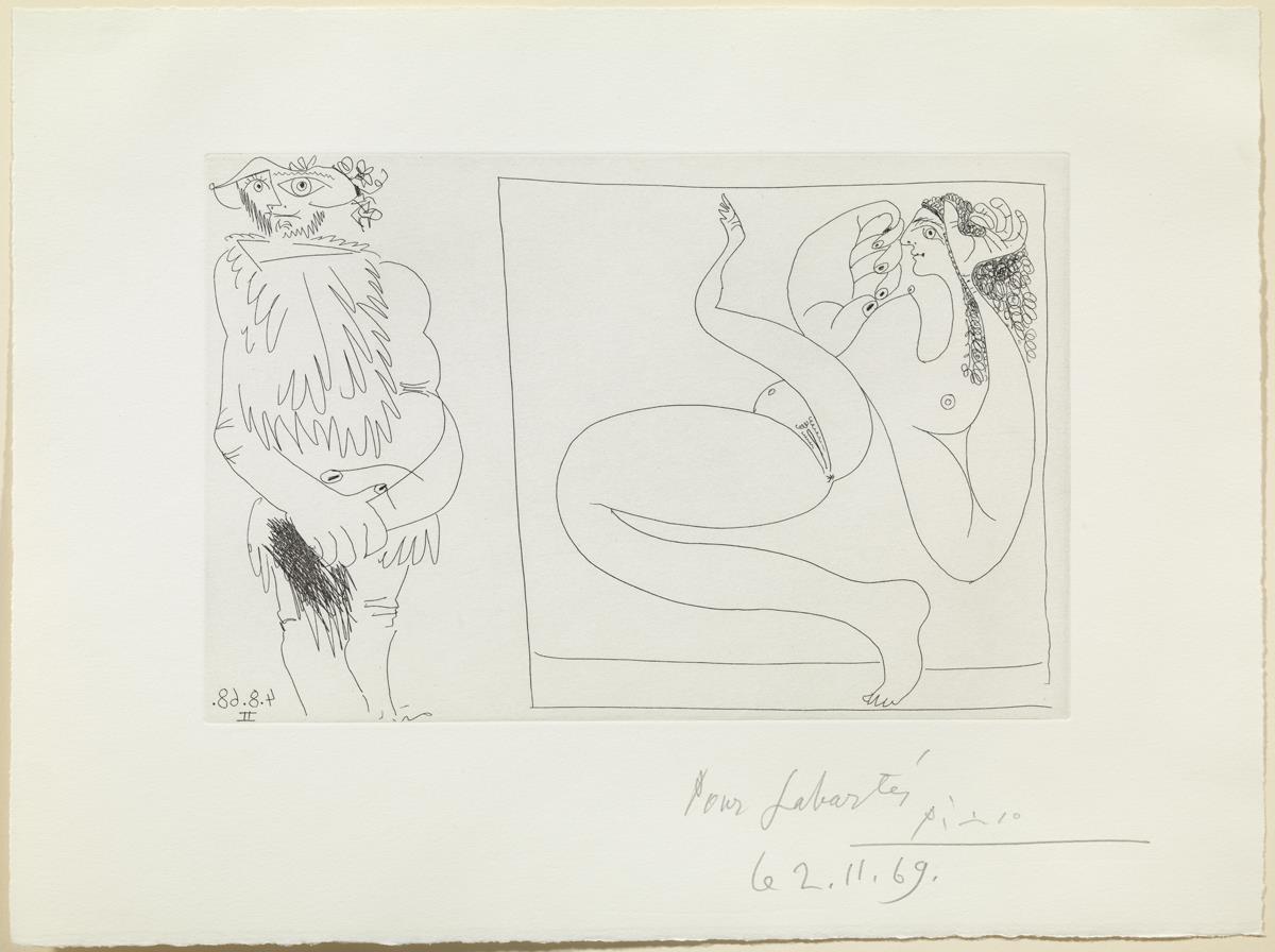 Home silvestre davant d'una tela on apareix una bacant