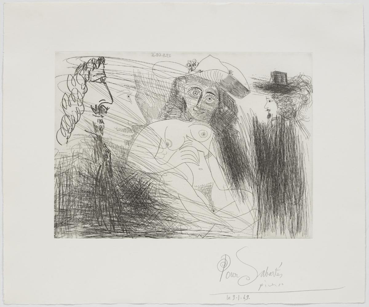 Pintor, modelo con sombrero de paja y gentilhombre