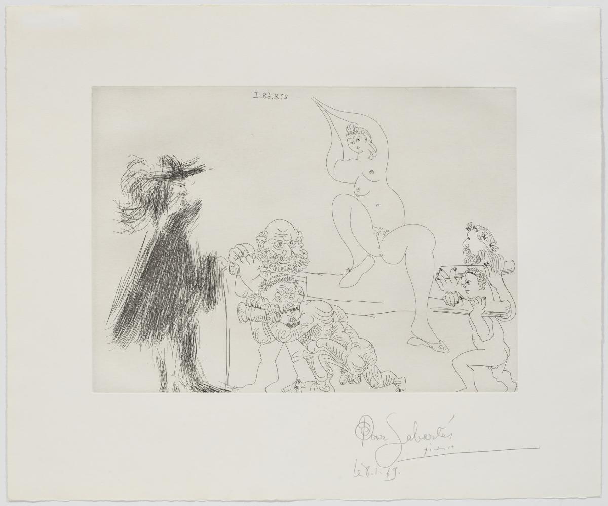 Cuatro ganapanes portando a un gentilhombre una mujer joven sobre una litera