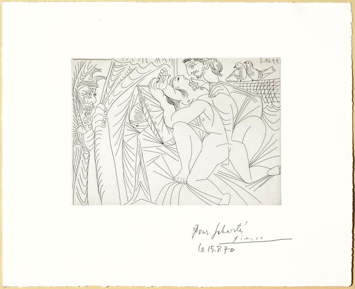 Rafael y la Fornarina. XXIV: con un "voyeur" que lleva un sombrero bicorne, y dos palomos