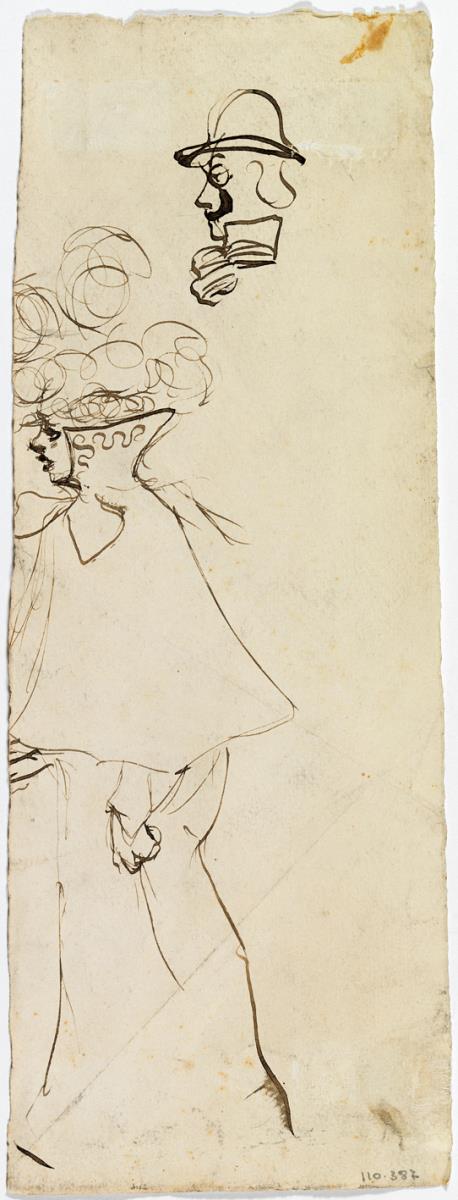 Mujer con vestido largo, y cabeza de hombre con bombín