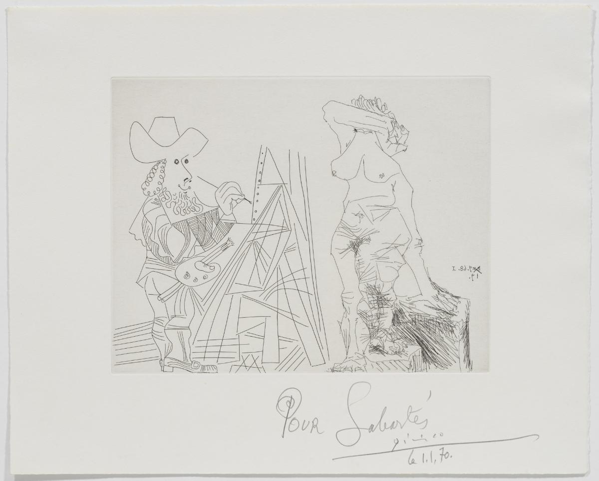 Pintor y modelo que se tapa la cara